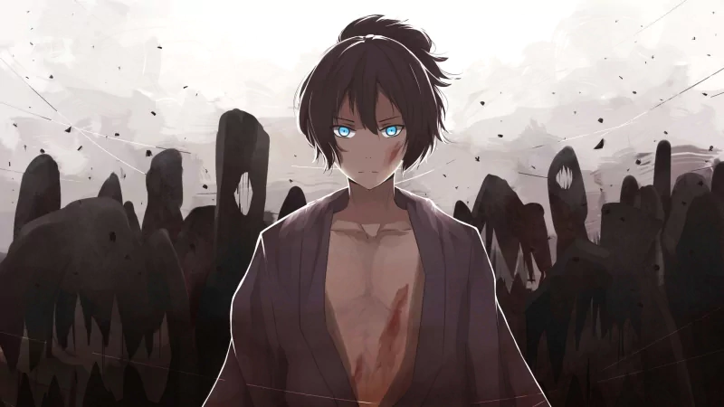Yato from the anime Noragami stands with a serious expression, surrounded by shadowy figures in a muted, dramatic scene.