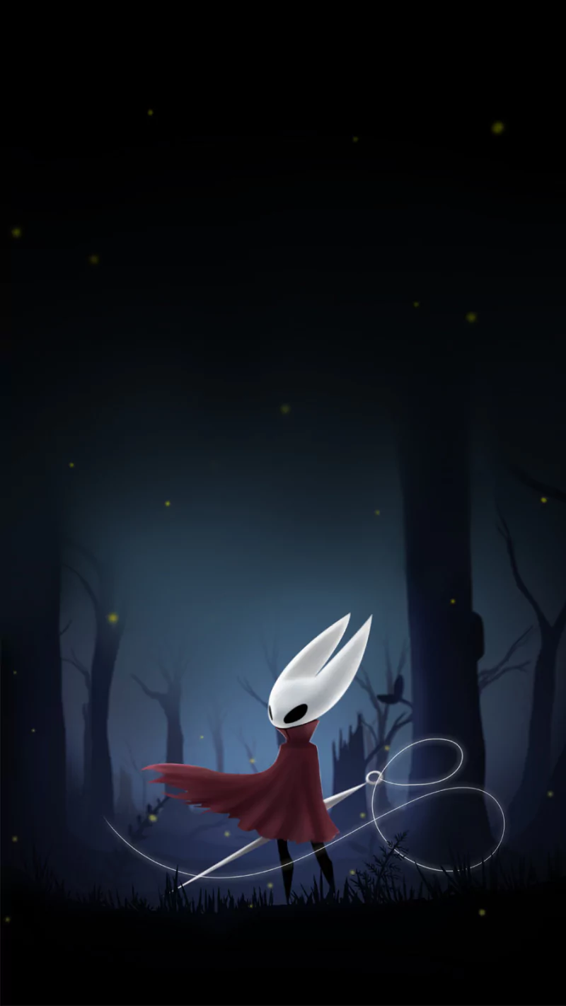 Hornet from the video game Hollow Knight stands in a dark, misty forest, red cloak billowing as her needle-like weapon trails a glowing thread.