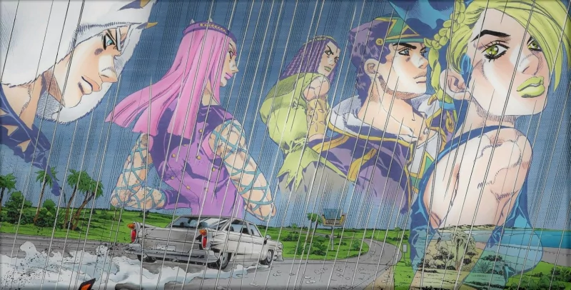 Rainy coastal road with a car beneath giant overlaid portraits of Stone Ocean characters Jolyne Cujoh, Jotaro Kujo, Weather Report and Narciso Anasui.