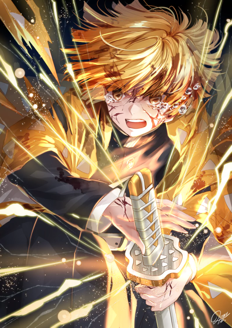 Zenitsu Agatsuma from Demon Slayer with blonde hair and yellow eyes, gripping a glowing sword amid crackling lightning, fierce expression in a dramatic anime action pose.