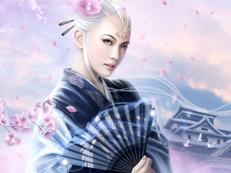 A mystical figure from the world of fantasy, adorned in traditional attire, holds a fan amidst cherry blossoms, embodying the essence of Legend of the Five Rings.