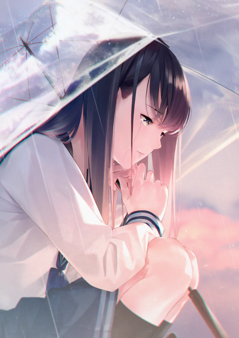 Anime girl with black hair sits under a transparent umbrella in the rain, tears streaming down her face against a softly lit sky backdrop.