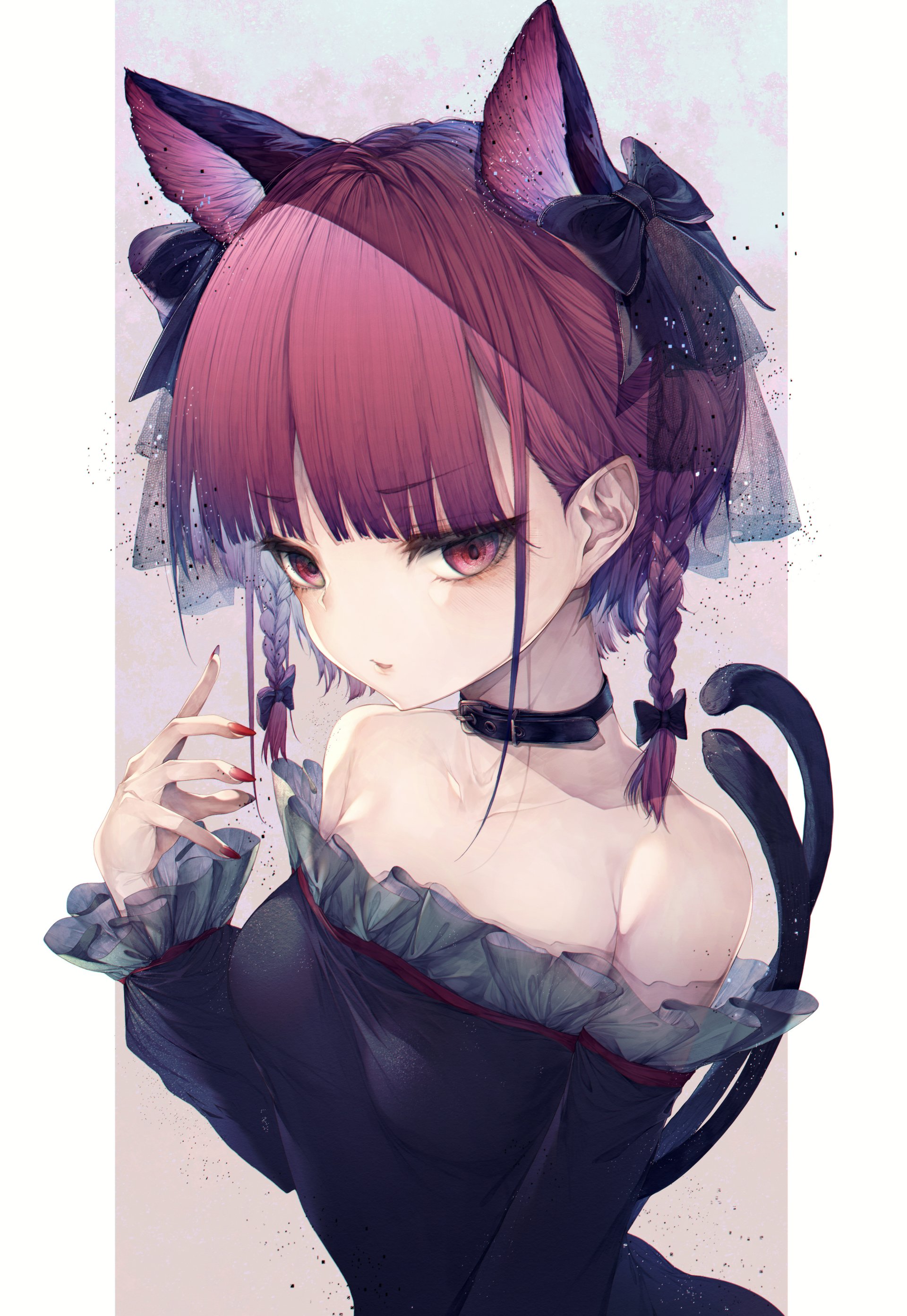 Anime-style illustration of Rin Kaenbyou from Touhou, featuring her with cat ears, pink hair in braids, and wearing a dark off-shoulder outfit with a choker and black ribbons.