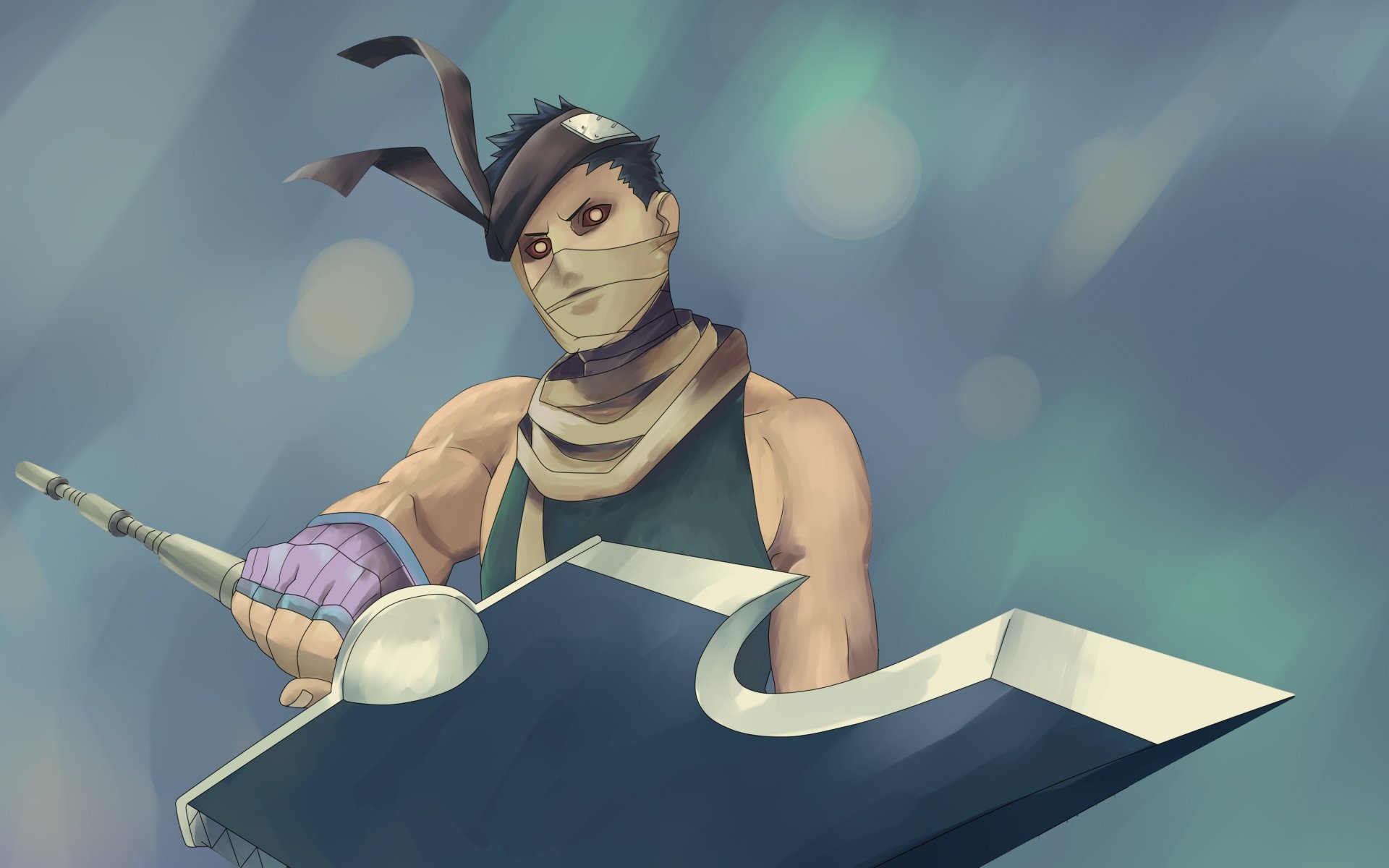 Zabuza Momochi, a prominent character from the anime Naruto, is depicted holding a large sword, exuding a fierce presence amidst a blurred background.