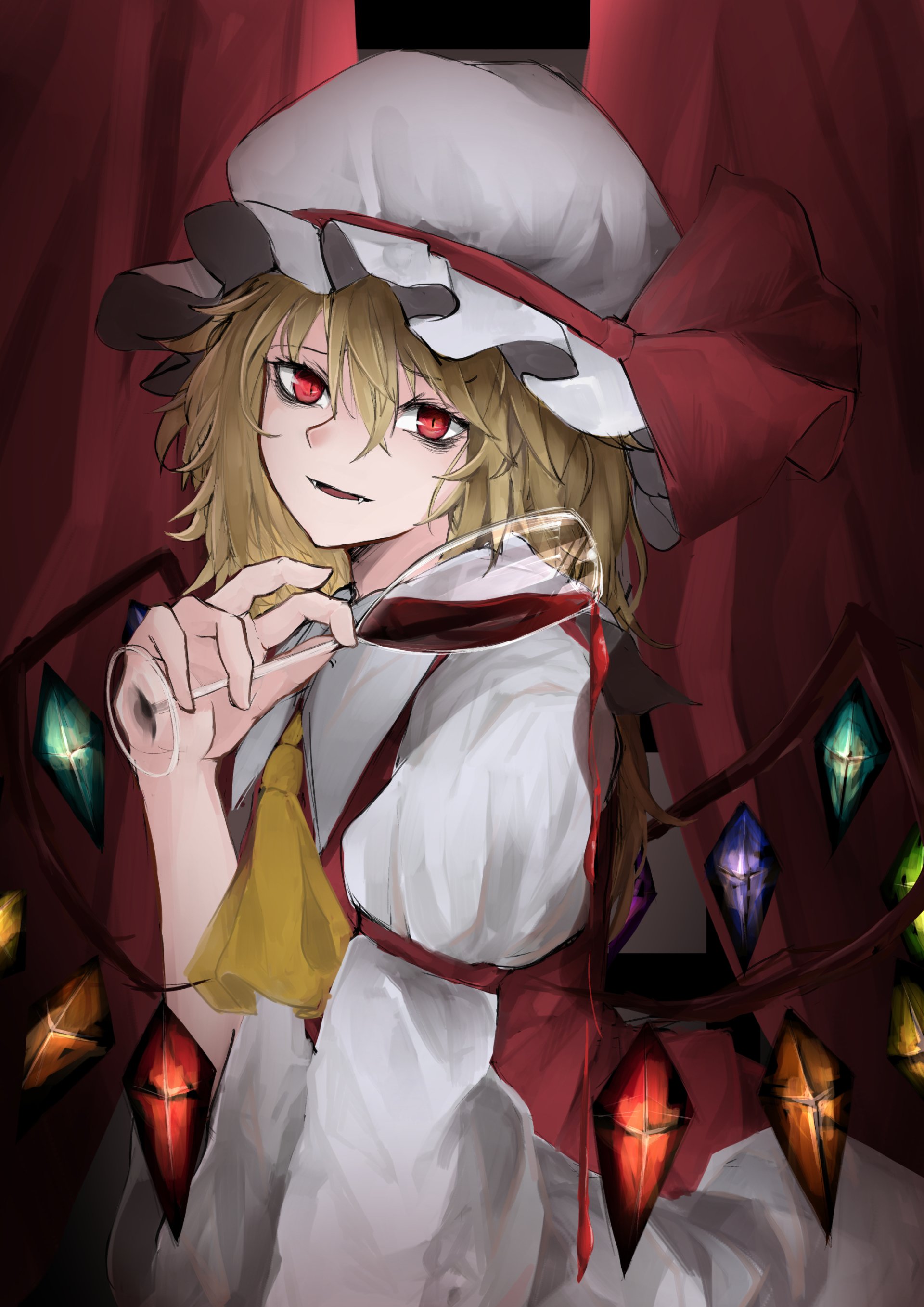 Flandre Scarlet (Touhou) — anime portrait of a blonde, red-eyed girl in a frilled white cap and red dress, holding a glass of red liquid; multicolored crystal wing ornaments and red curtains.