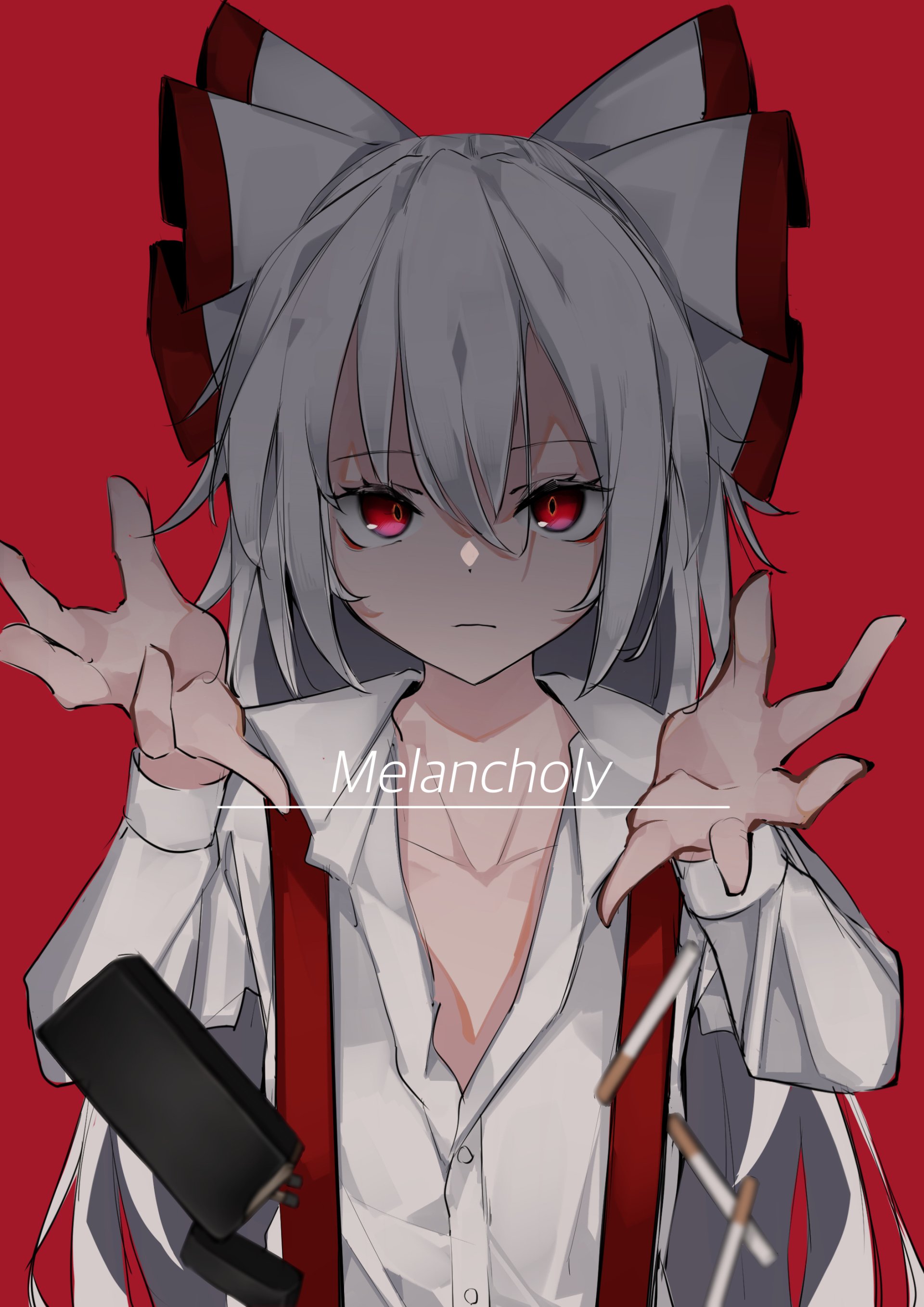 Fujiwara no Mokou (Touhou), anime portrait: silver-haired girl with red eyes and large red bows, open white shirt and suspenders, reaching forward on a red background with Melancholy overlay.