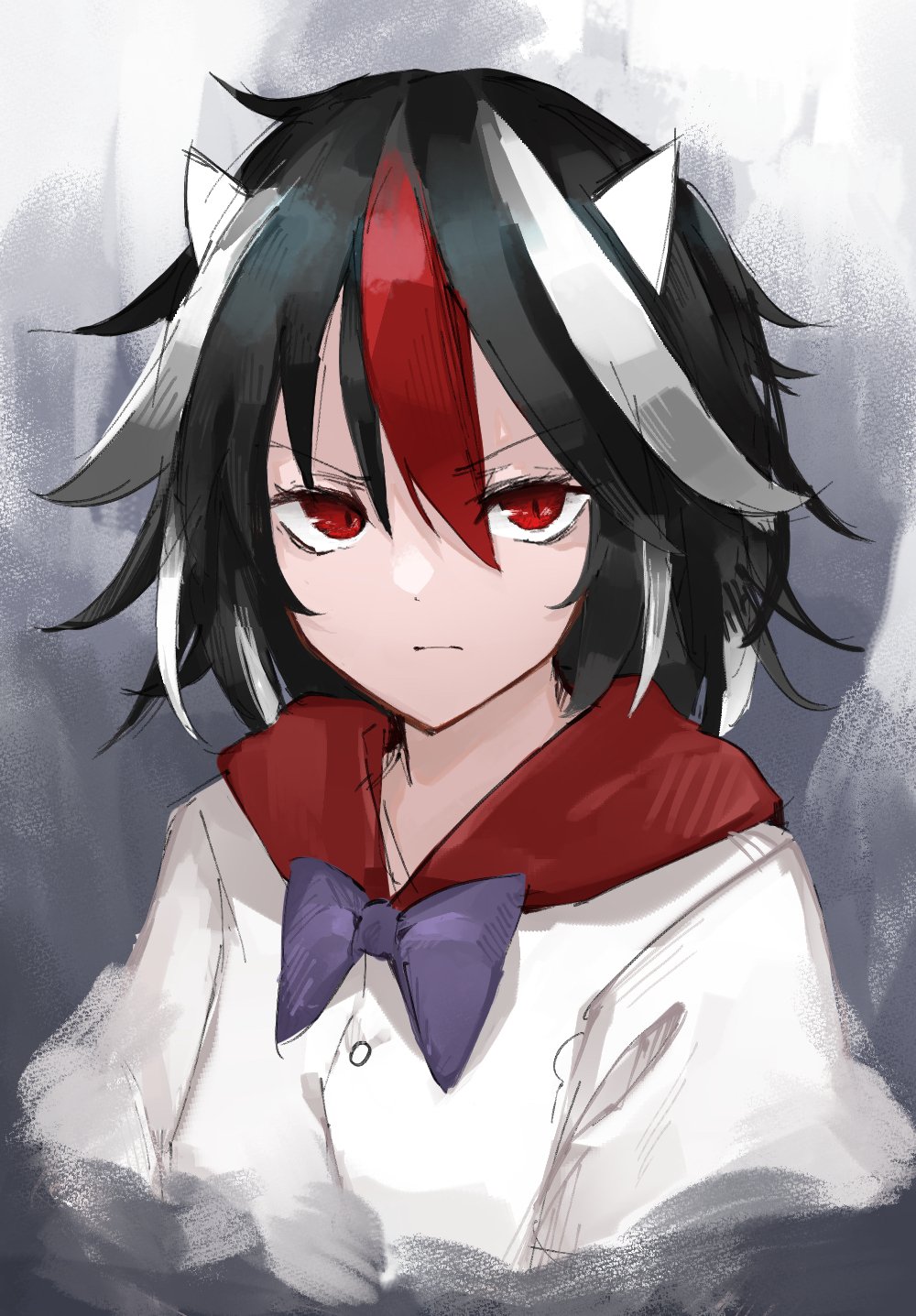 Anime portrait of Seija Kijin (Touhou): stern red-eyed girl with black hair and central red streak, white horn-like tufts, red hooded collar and purple bow.