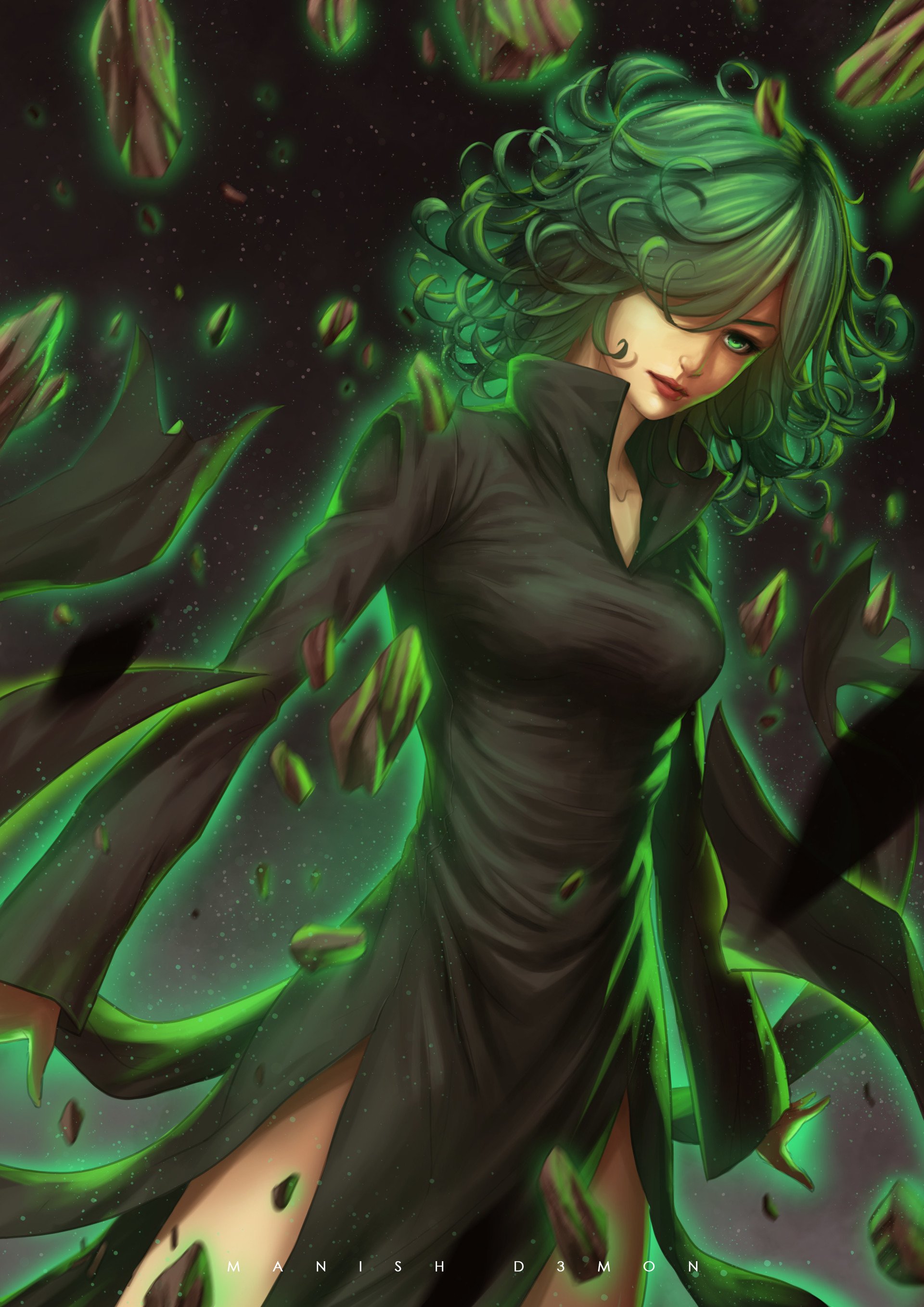Anime depiction of Tatsumaki from One-Punch Man: floating with curly green hair and a black dress, surrounded by glowing green psychic energy and levitating shards.