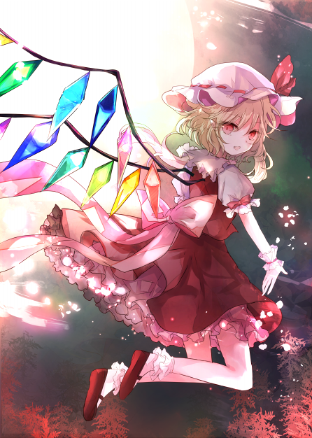 Flandre Scarlet (Touhou) — anime-style girl with blond hair and red dress, floating before a glowing moon, crystal multicolored wing decorations.