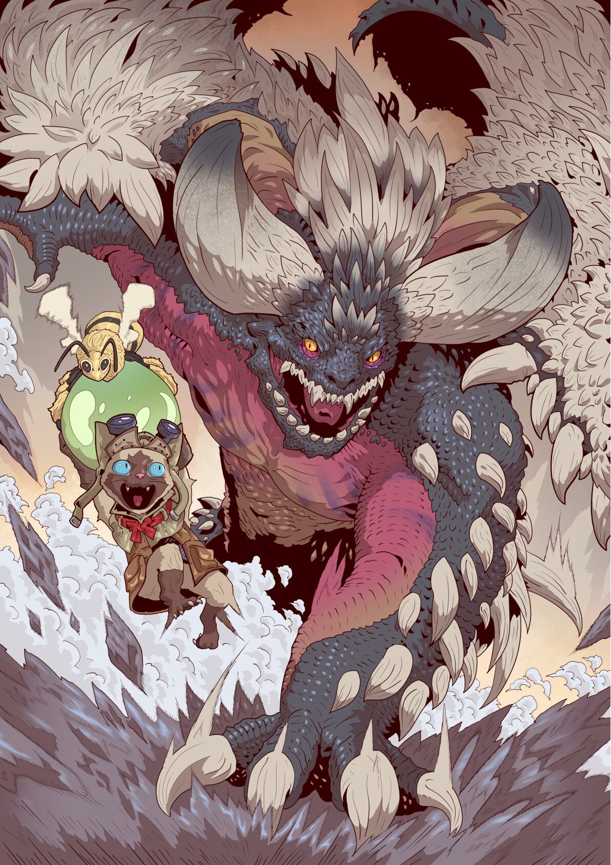 Artwork of Nergigante charging through snow as a Palico companion carrying supplies races beside it — dynamic scene from the video game Monster Hunter: World.
