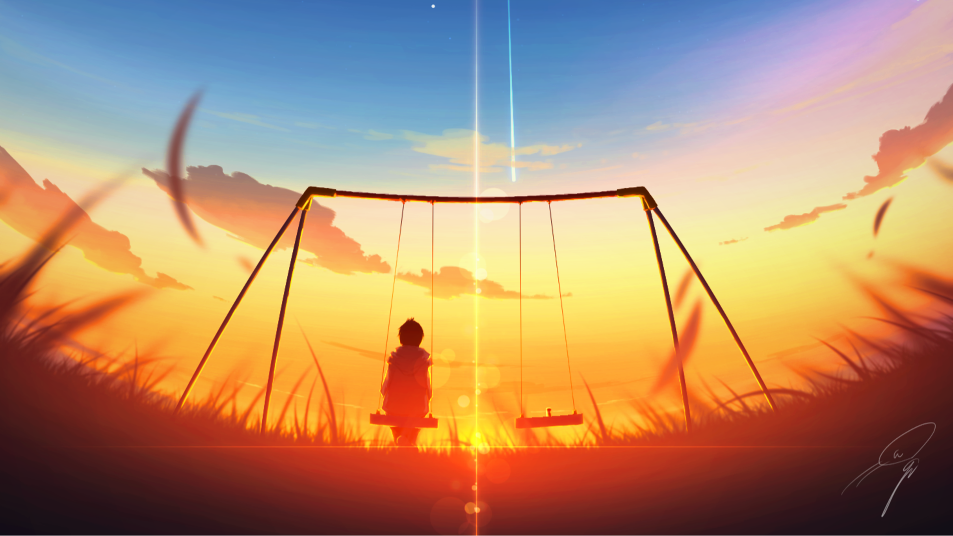 An anime-style scene of a person sitting on a swing at sunset, with warm hues blending into a vibrant sunrise sky.