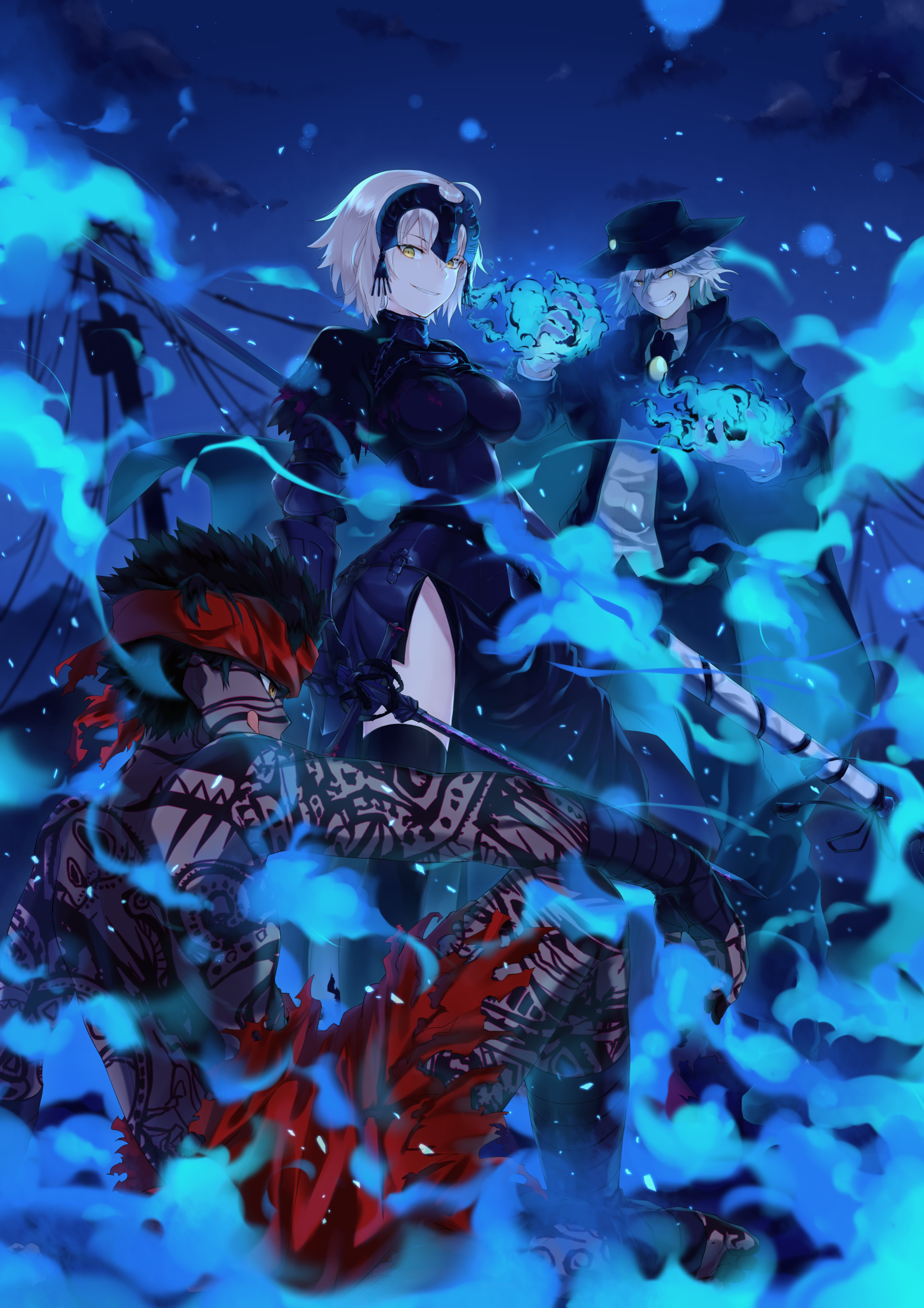 Edmond Dantès (Avenger) and Jeanne d'Arc Alter from Fate/Grand Order, anime-style; both with short hair and yellow eyes, framed by swirling blue flames.