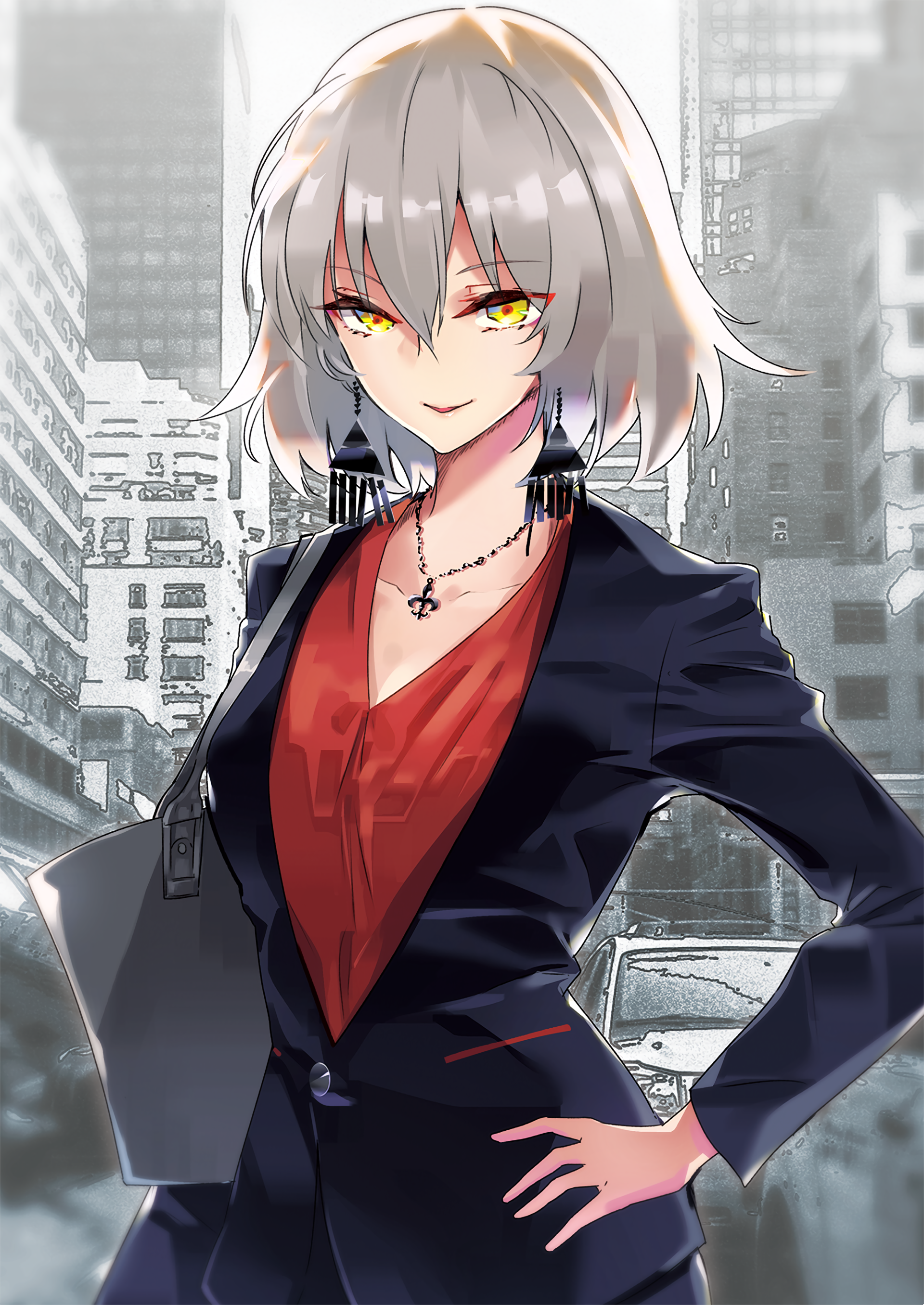Jeanne d'Arc Alter (Avenger, Fate/Grand Order) — anime portrait: short white hair, yellow eyes, dark suit with red blouse, confident pose against a city backdrop.