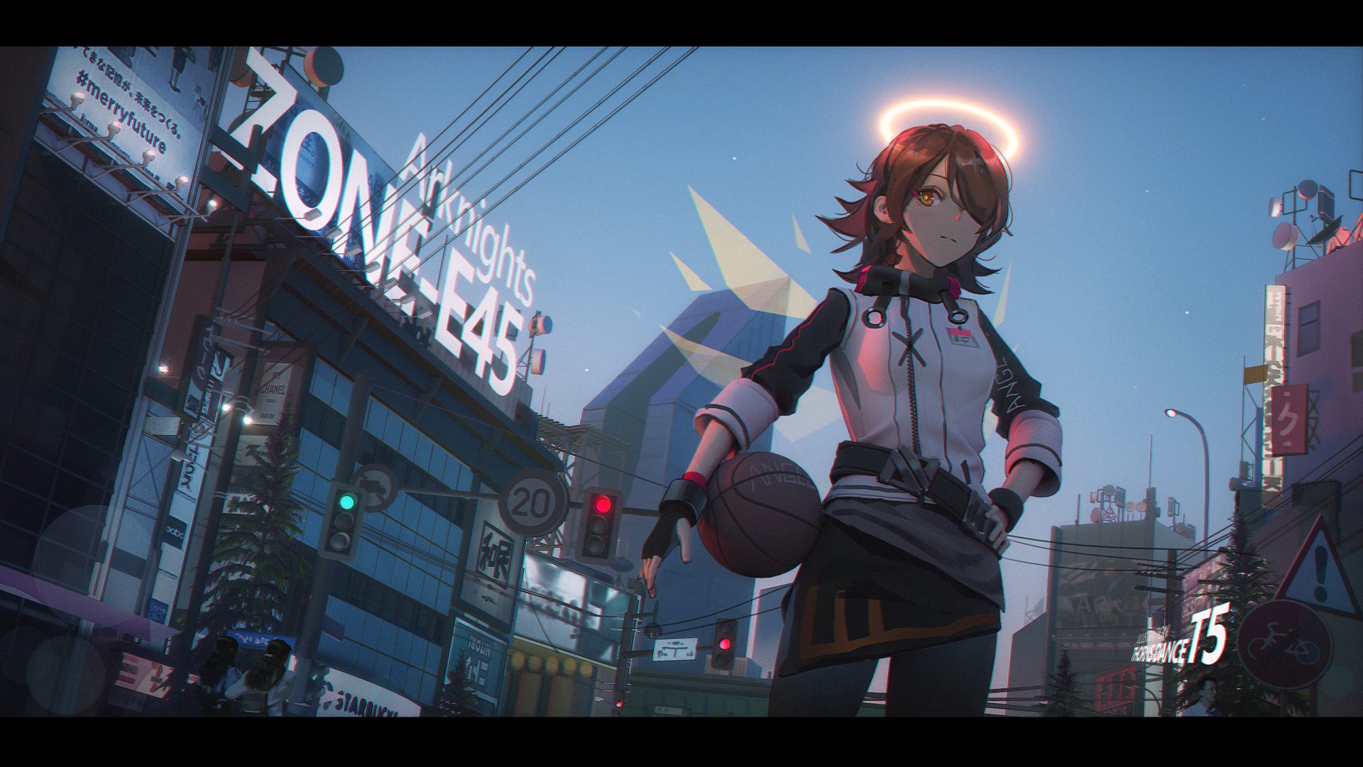 A character from the video game Arknights stands confidently in a vibrant cityscape, holding a basketball, with neon lights and a dramatic sky in the background.