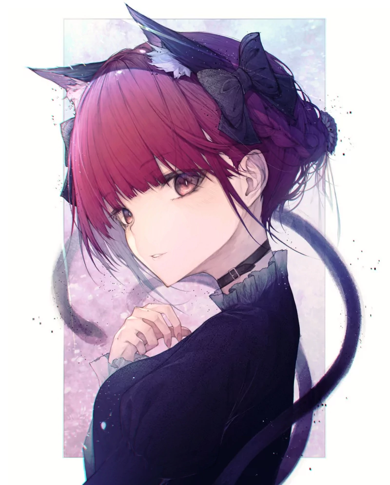 Anime-style portrait of Rin Kaenbyou from Touhou, featuring her with cat ears, vivid red hair, and a delicate black outfit against a soft pastel background.