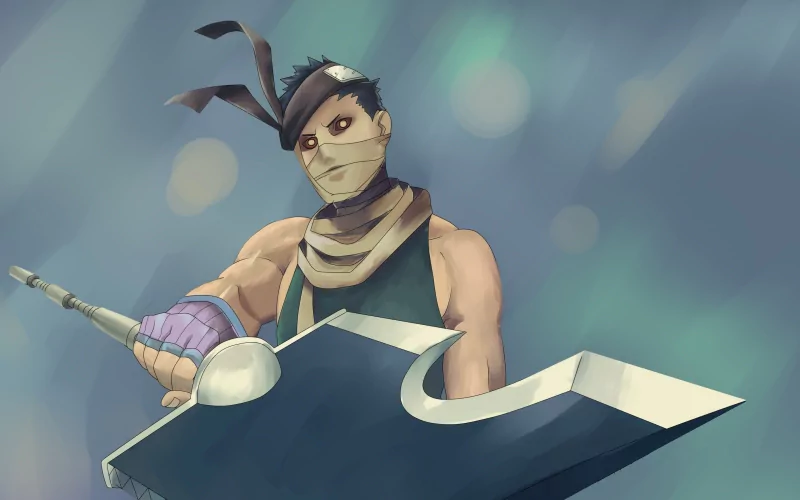 Zabuza Momochi, a prominent character from the anime Naruto, is depicted holding a large sword, exuding a fierce presence amidst a blurred background.