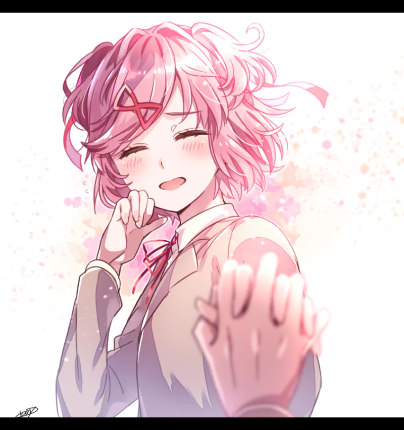 Natsuki from Doki Doki Literature Club smiles, pink-haired and in her school uniform, reaching out in a bright, soft anime-style illustration from the video game.