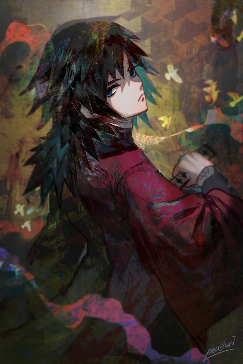 Giyuu Tomioka from Demon Slayer: Kimetsu no Yaiba stands with a serious expression, surrounded by a dark, vibrant, and abstract anime-inspired background.