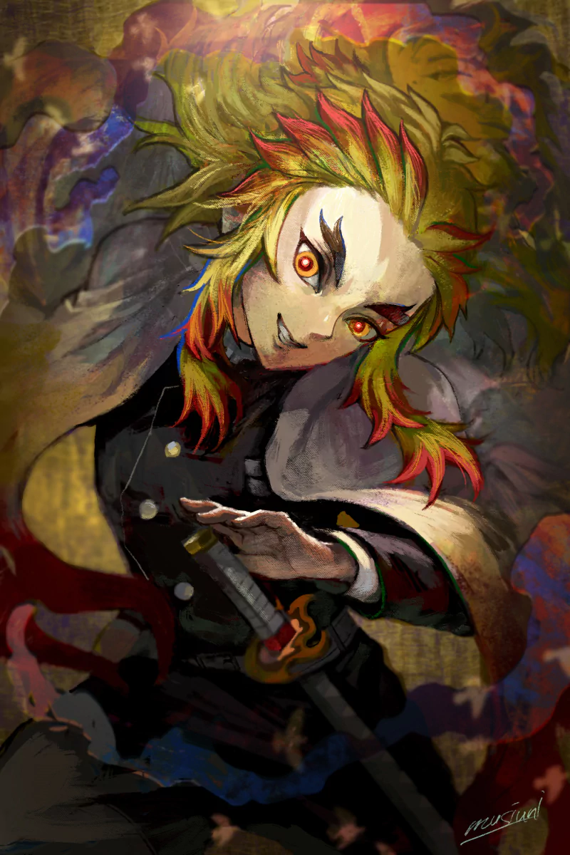 Illustration of Kyojuro Rengoku from Demon Slayer: Kimetsu no Yaiba, featuring his fiery hair and intense gaze amidst vibrant, swirling colors.