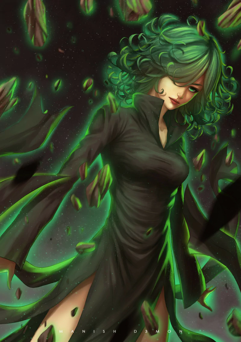 Anime depiction of Tatsumaki from One-Punch Man: floating with curly green hair and a black dress, surrounded by glowing green psychic energy and levitating shards.