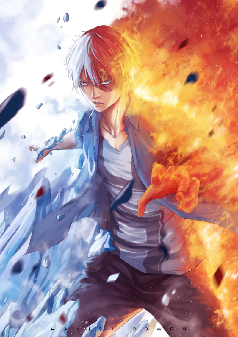 Shoto Todoroki from My Hero Academia, white-and-red hair, strikes a determined pose with ice forming on his left side and raging fire on his right.