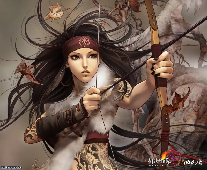 Artwork of a fierce female archer with flowing hair drawing a bow, set in the video game JX Online universe.