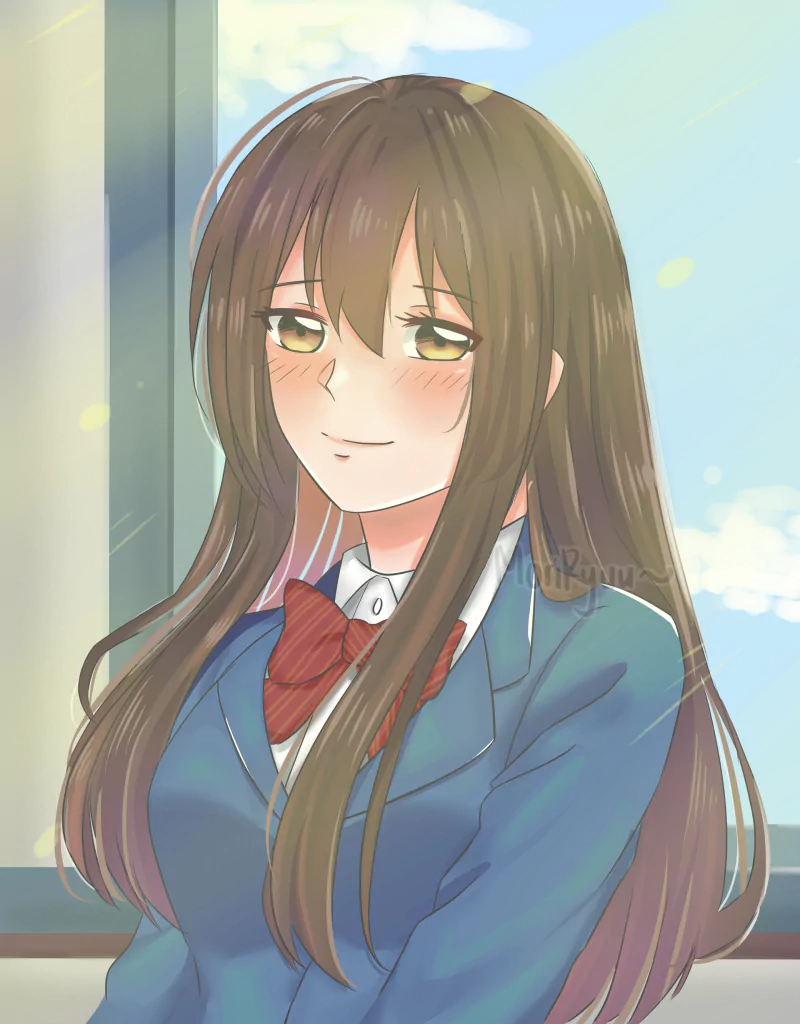 Kono Oto Tomare! anime: blushing schoolgirl with long brown hair, blue uniform and red bow, smiling by a sunlit window — text: Stop This Sound!