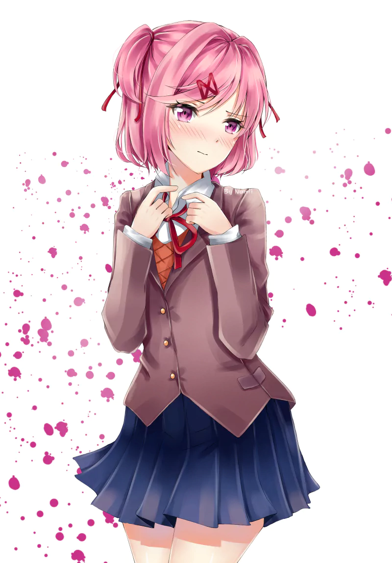 Natsuki from Doki Doki Literature Club! with pink hair and eyes, wearing her school uniform, stands against a white background with pink splatter accents.