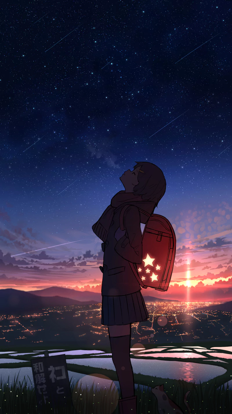star starry sky shooting star backpack cat water countryside city sunset Anime girl anime girl anime cat anime sunset anime city Image