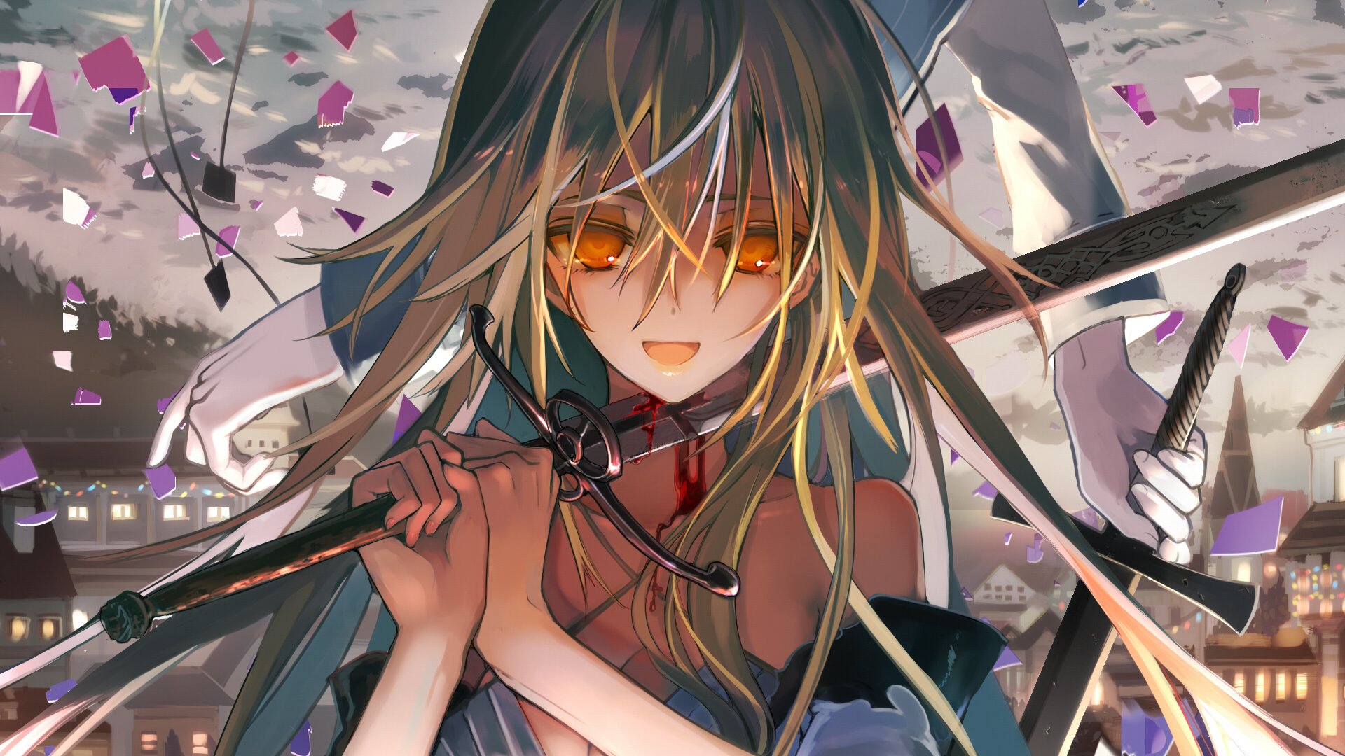 A character from the anime Aim the Deepest Part of A Different World Labyrinth wields a sword with a determined expression, surrounded by a dynamic, colorful background.