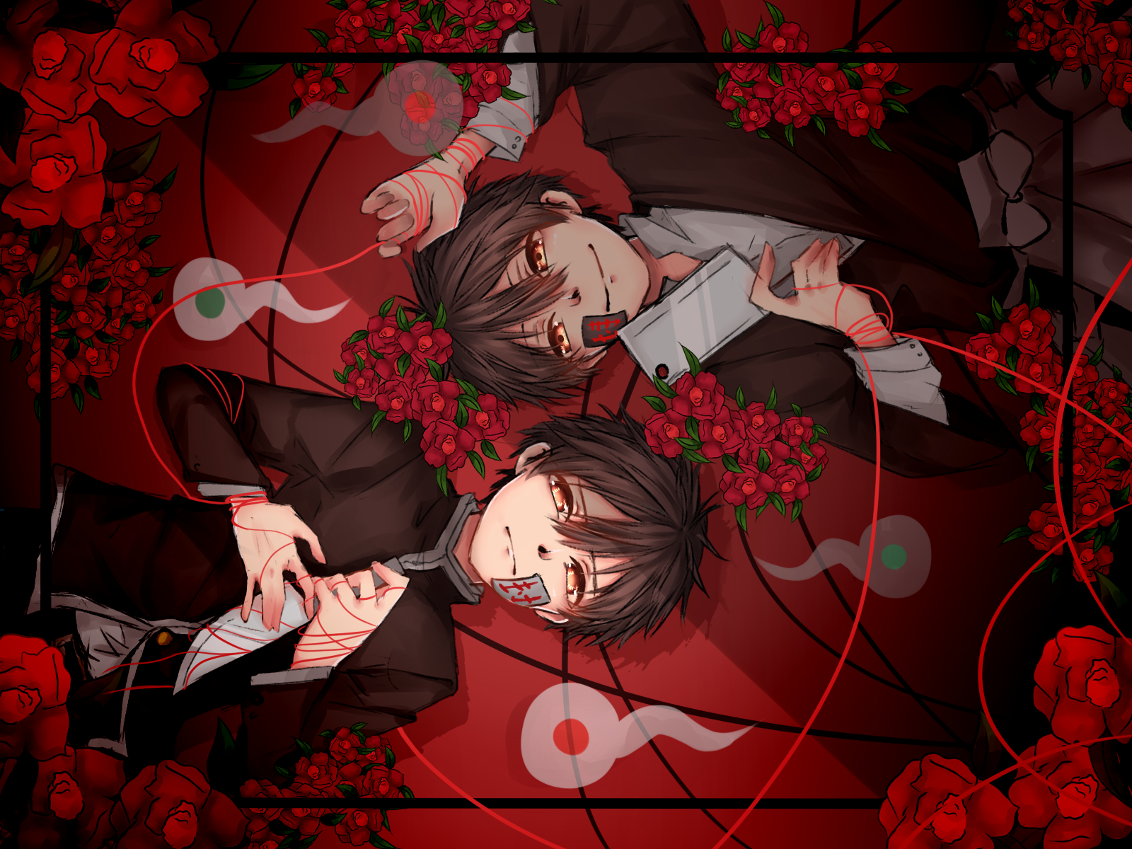 Yugi Tsukasa and Hanako-kun from Toilet-bound Hanako-kun lie opposite each other amid red roses, ghostly seals and talismans, wearing dark school uniforms on a crimson, eerie background.