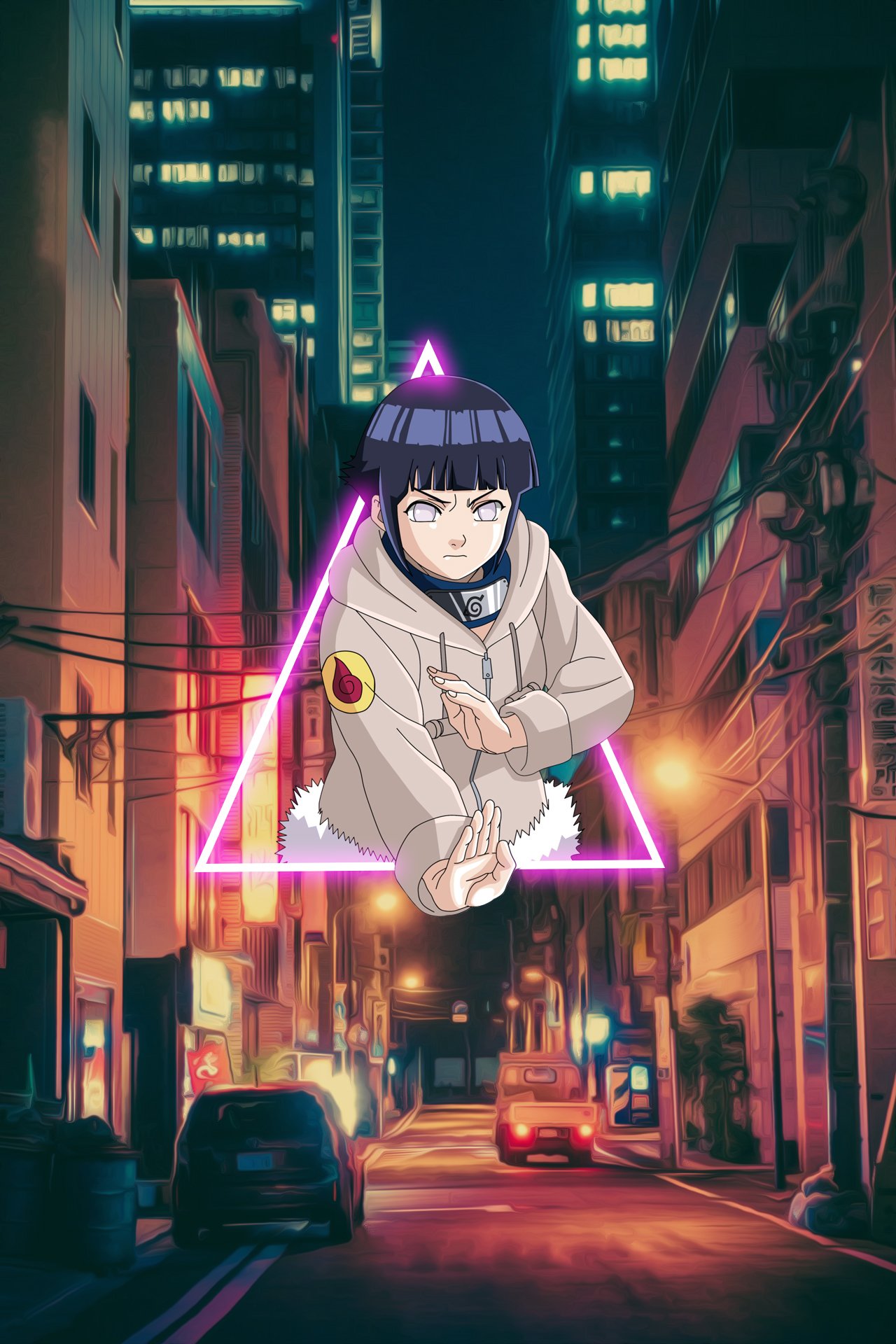 Hinata Hyuga from the anime Naruto, performing a hand sign with a glowing neon triangle overlay in a nighttime city street scene.