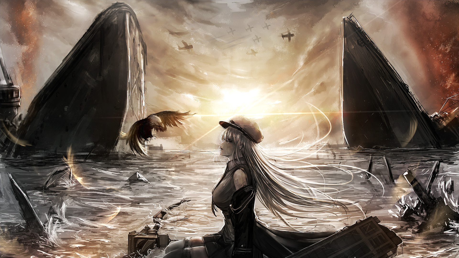 Download Enterprise (Azur Lane) Sunset Ship Warplane Bird White Hair Long Hair Anime Azur Lane Anime Sunset Anime Bird Art