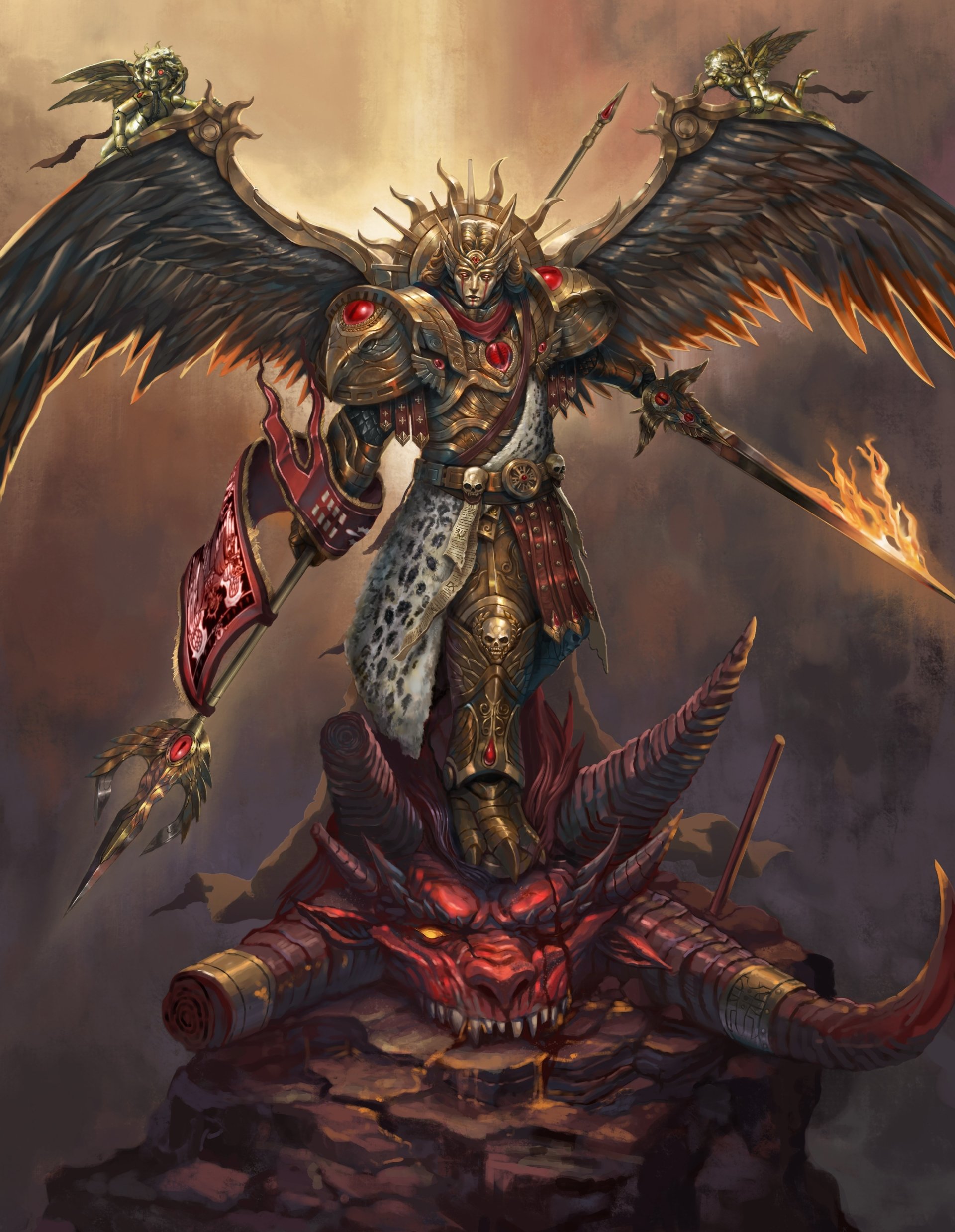 Warhammer 40k video game art: winged golden-armored champion with flaming sword and axe standing on a slain demon's horned head.