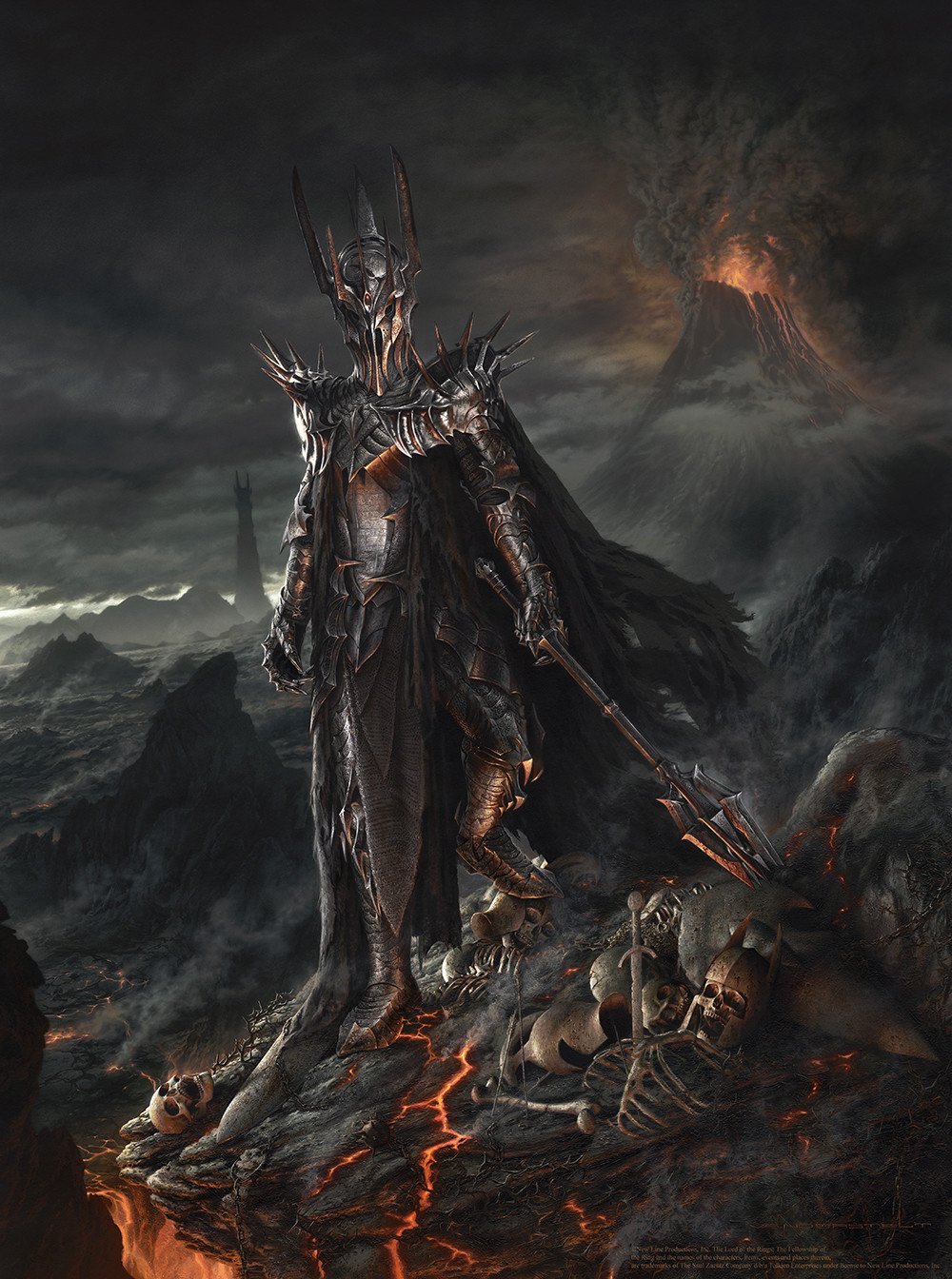 Sauron from The Lord of the Rings, towering in black spiked armor on a volcanic wasteland, overlooking erupting Mount Doom amid lava, ash, and skeletal remains — dark fantasy scene.