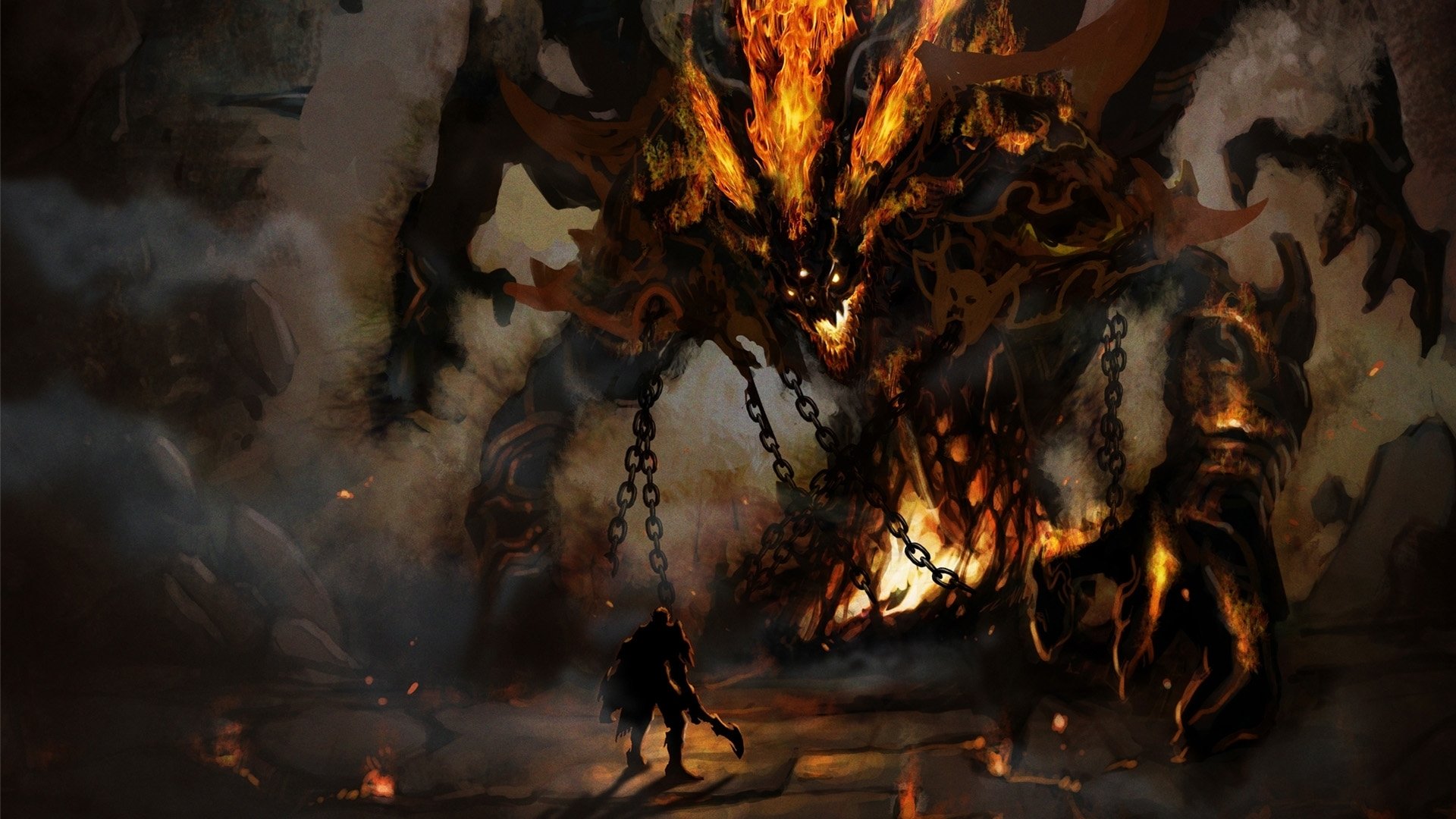 AION artwork depicting a fierce, fiery giant chained in a dark environment, with a lone character confronting it amidst smoke and light.