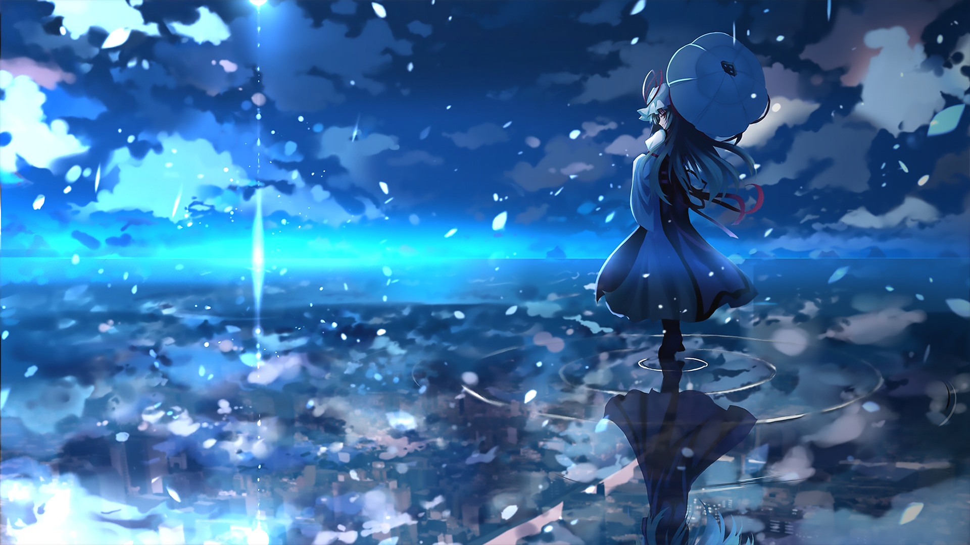 Download Yukari Yakumo Night Dress Long Hair Umbrella Light Water Anime Touhou Anime Night Art