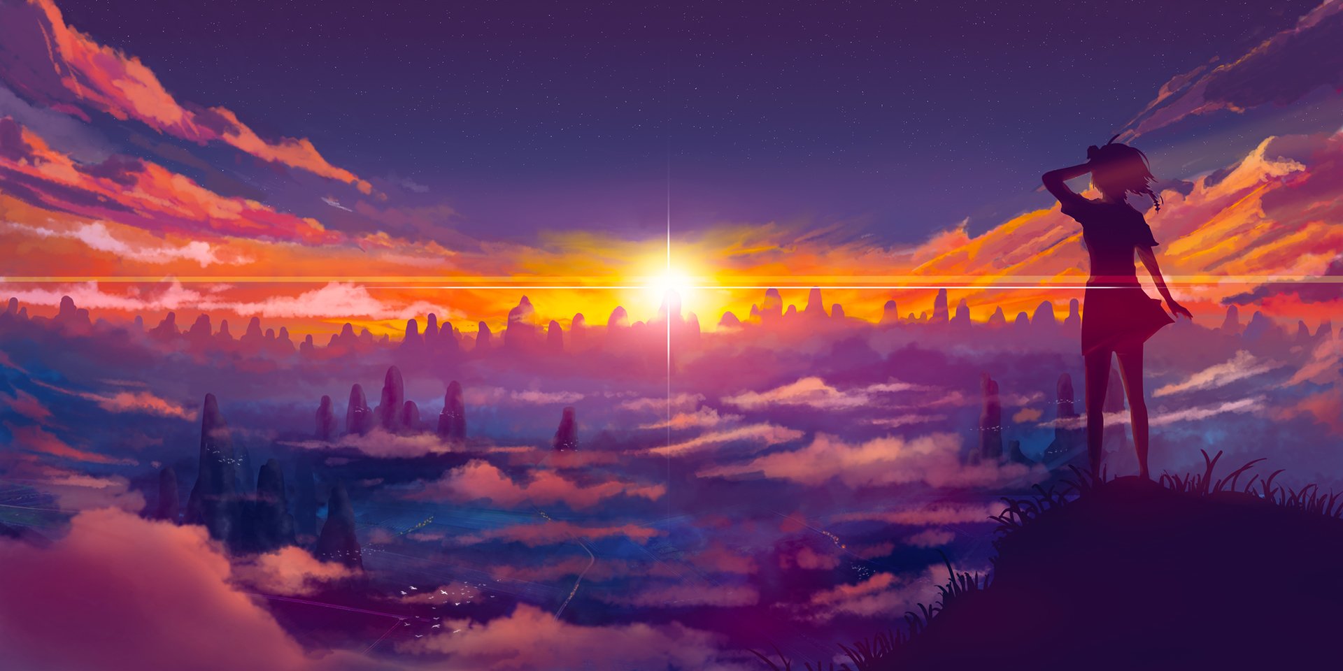 A vibrant anime scene depicts a silhouette standing on a mountain, gazing at a stunning sunrise illuminating the clouds below. The colors blend harmoniously in the sky.