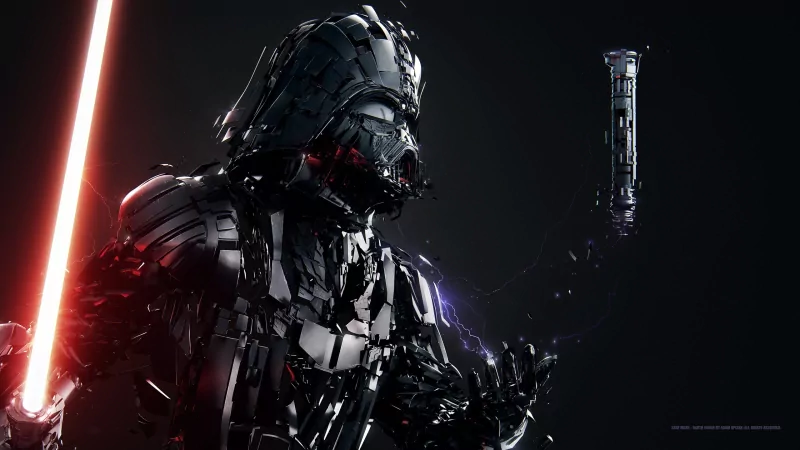 Darth Vader, Sith lord from Star Wars, in black armor and helmet, holds a glowing red lightsaber against a dark, high‑tech sci‑fi backdrop.