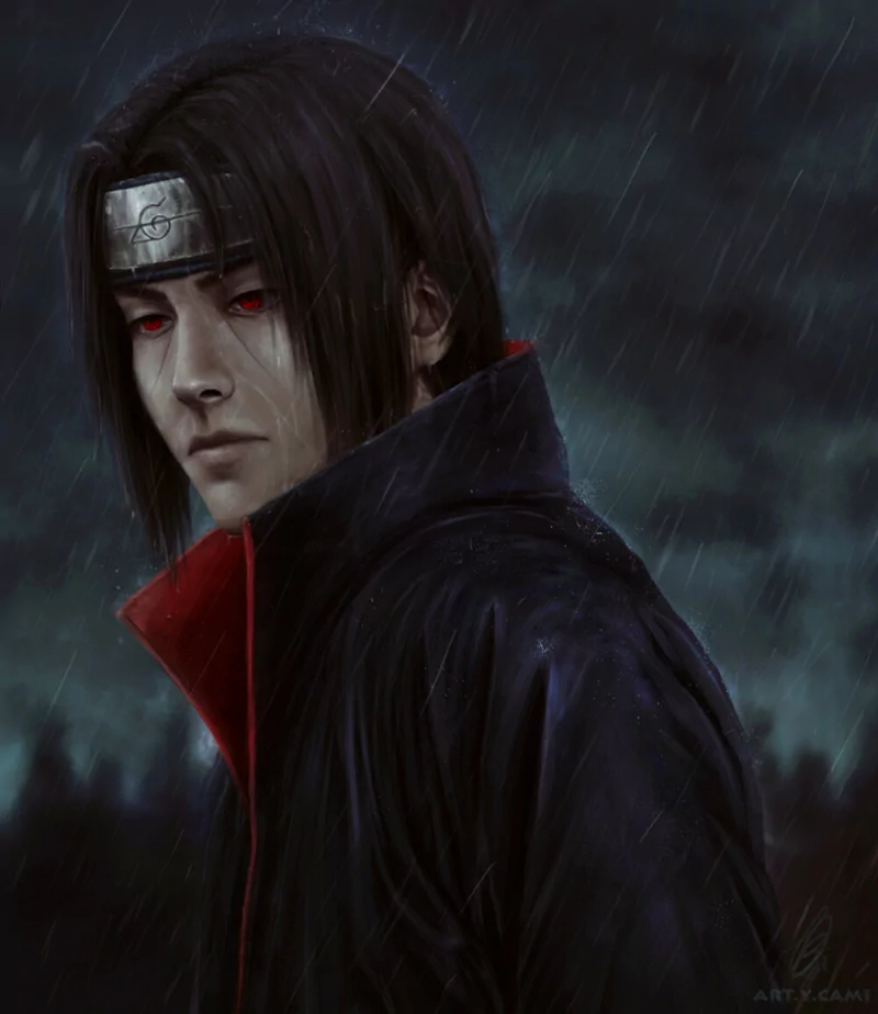 Itachi Uchiha from Naruto stands in the rain, his Sharingan eyes glowing intensely against the dark, stormy anime backdrop.