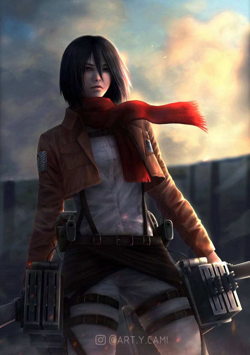 Mikasa Ackerman from Attack on Titan in anime style, standing on a wall at sunset with her red scarf billowing, wearing Survey Corps uniform and ODM gear.