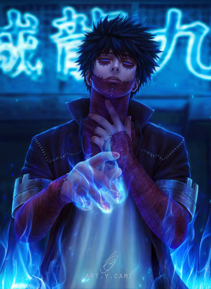 Dabi (My Hero Academia) — anime portrait: stitched-scarred villain with spiky black hair, glowing blue flames in his hands, neon blue kanji signage in the background.
