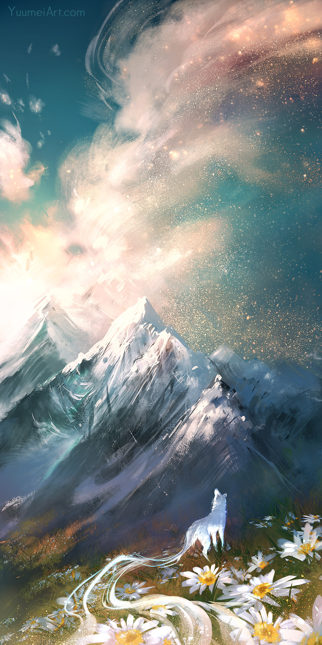Fantasy wolf looking up past snow capped mountains by Yuumei
