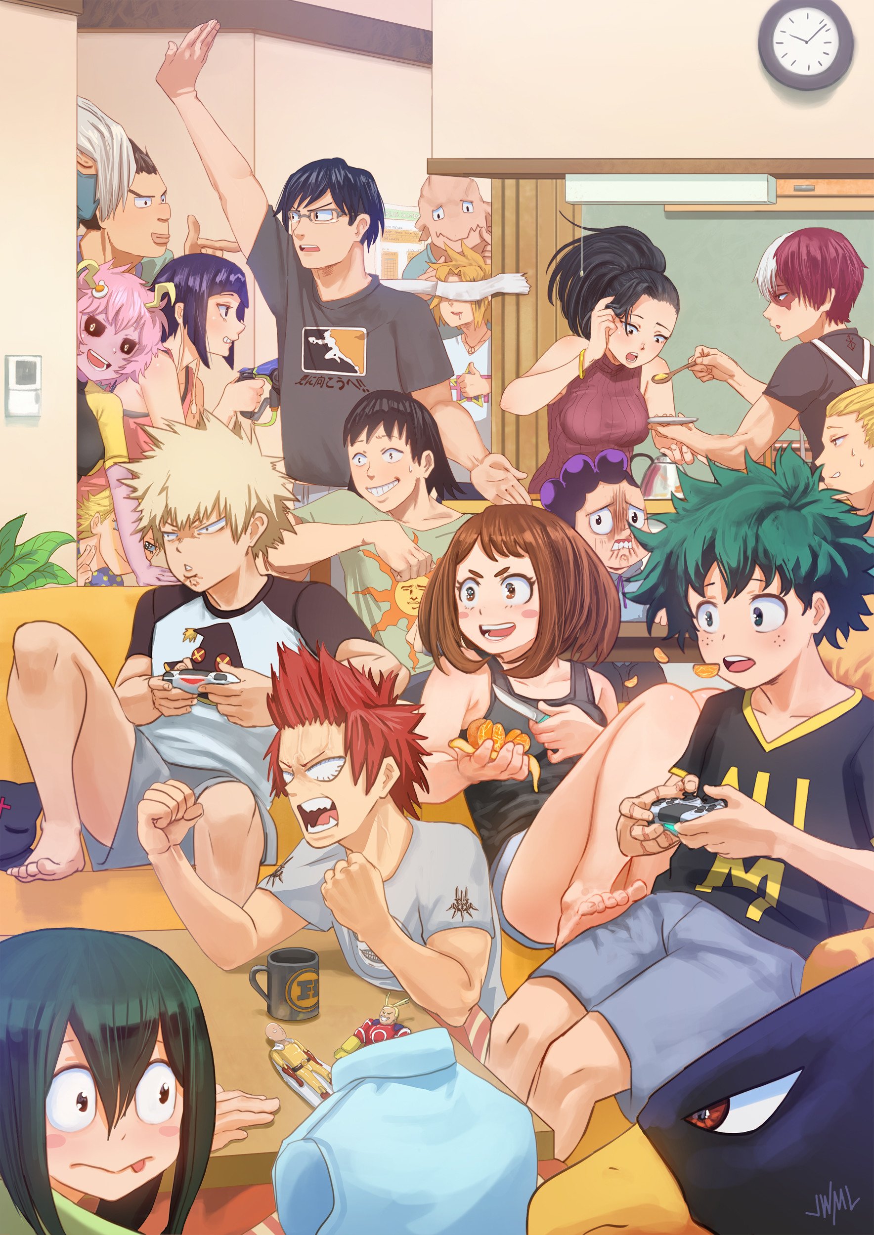 A vibrant My Hero Academia scene features Minoru Mineta, Momo Yaoyorozu, Katsuki Bakugou, Shoto Todoroki, Ochaco Uraraka, and Izuku Midoriya hanging out and enjoying snacks together.