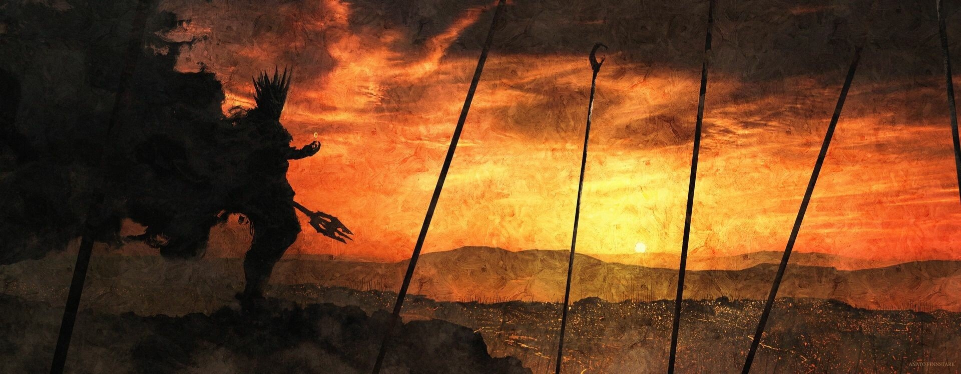 Silhouette of Sauron from The Lord of the Rings, crowned and looming over a burning fantasy Middle-earth landscape with spiked banners at sunset.