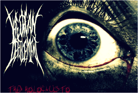 A close-up of an eerie eye, featuring intense detail, accompanied by the text The Organ Defilement and The Holocaust. Reflects the dark aesthetic of the music genre.