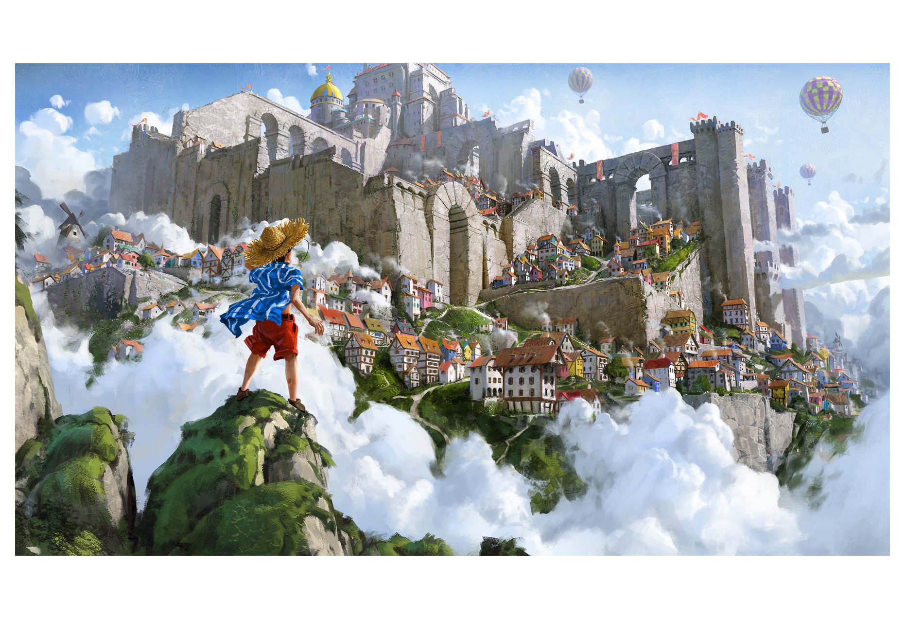 Young explorer overlooks a sprawling fantasy city: towering castles, terraced houses and sky bridges perched above the clouds, with hot-air balloons drifting around.