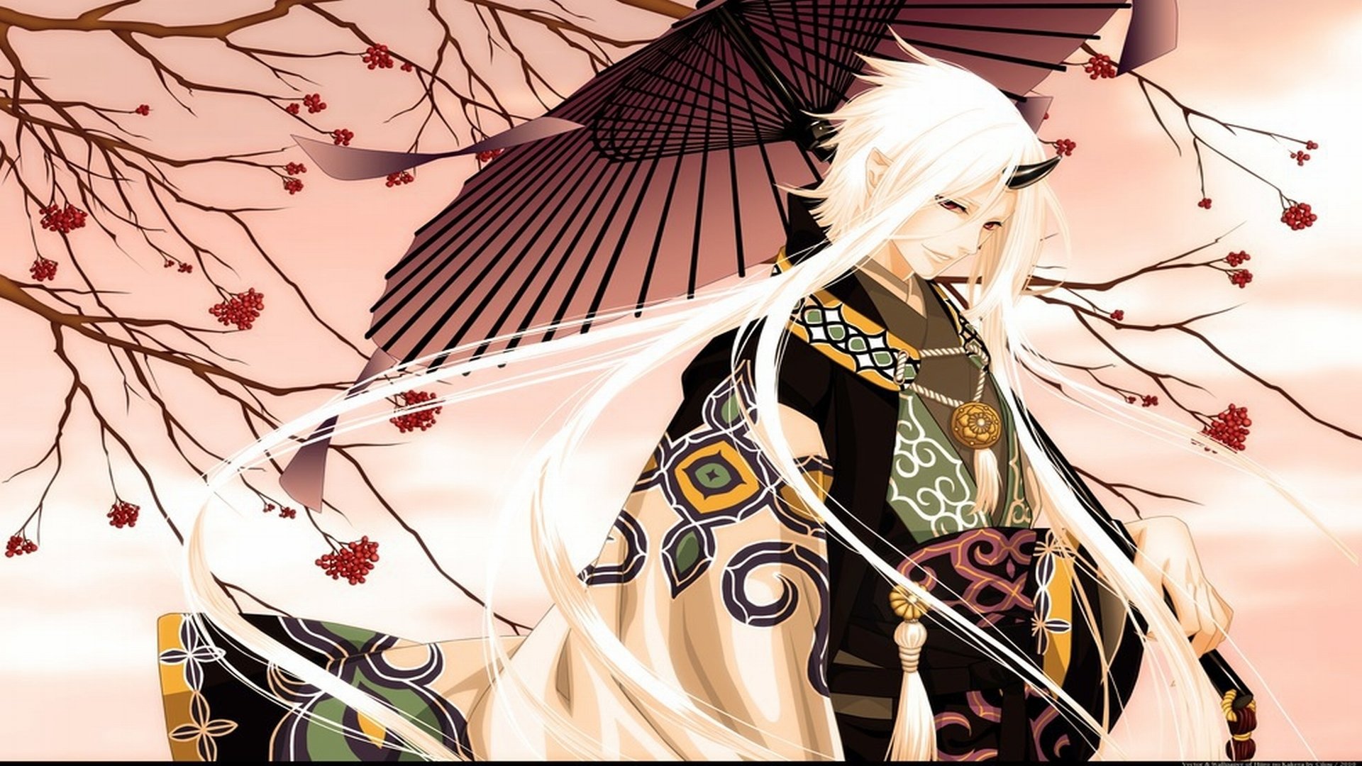 Anime-style depiction of a white-haired demon from Hiiro No Kakera, standing beneath delicate cherry blossom branches with a traditional Japanese umbrella.