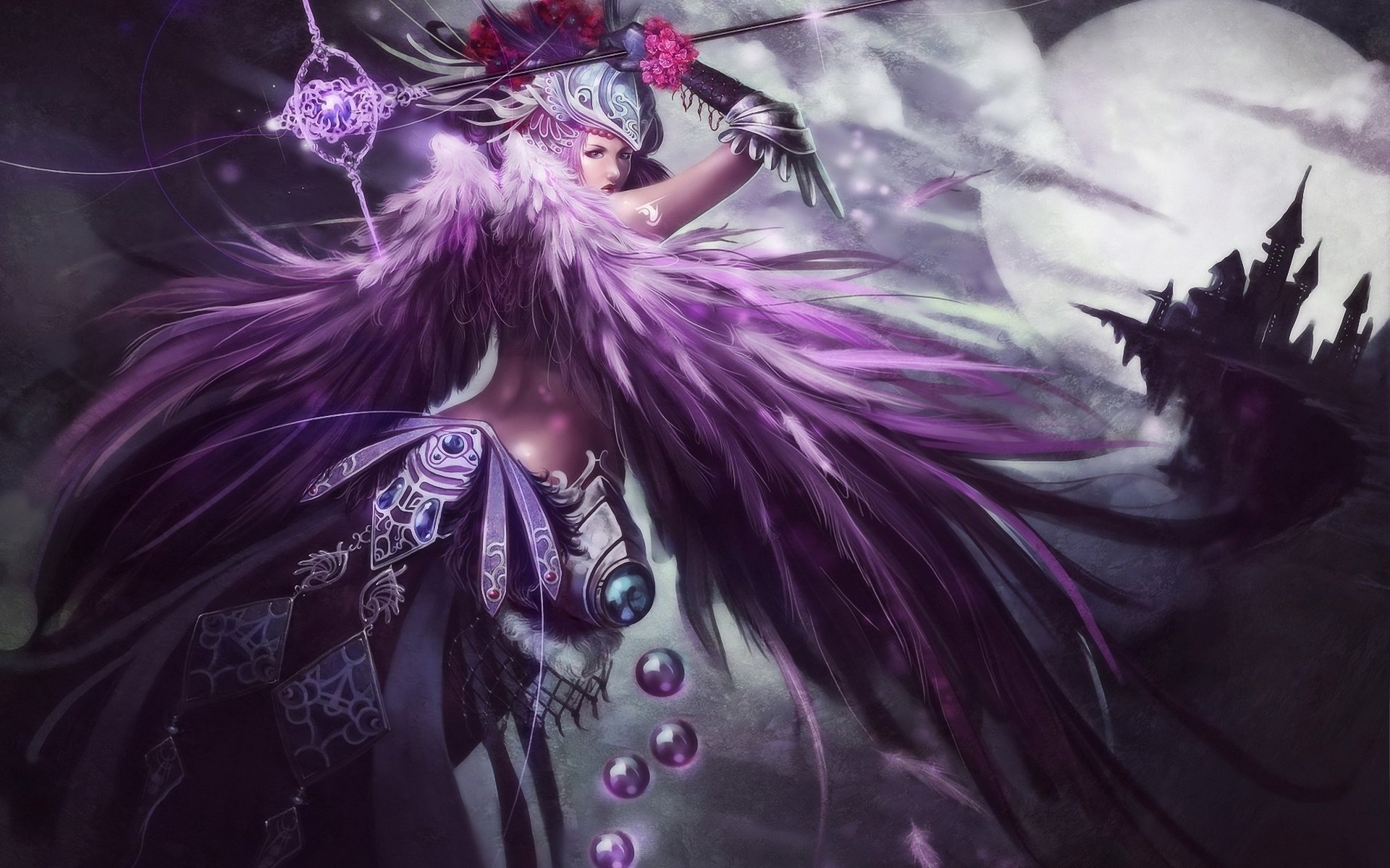 A mystical character with large purple wings and elaborate armor from the video game AION, set against a dark, ethereal background.