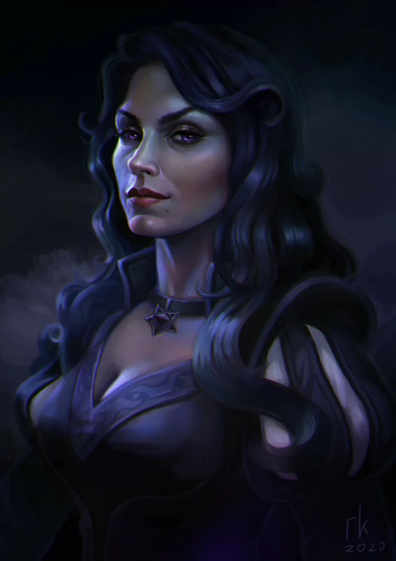 Yennefer of Vengerberg from The Witcher 3: Wild Hunt — a pale sorceress portrait with long black hair, violet eyes, dark gown and a star pendant against a shadowy, moody background.